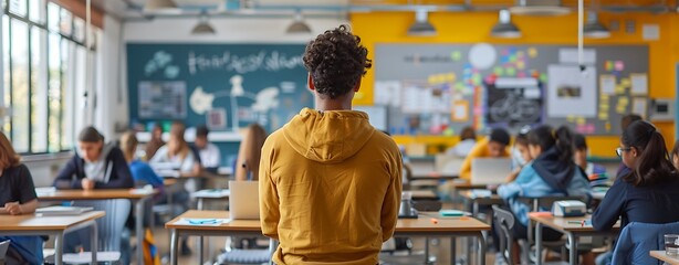 World Youth Skills Day: A vibrant classroom scene with young people learning various skills like coding, cooking, and carpentry.