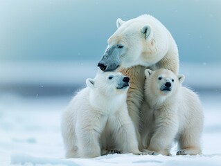 Sticker - A mother polar bear and her two cubs in the Arctic. AI.