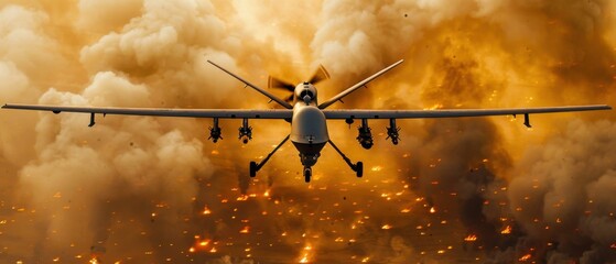 Poster - A military drone flies over a war zone. AI.