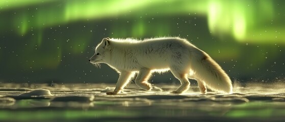 Sticker - A majestic white arctic fox walks across the icy tundra. AI.