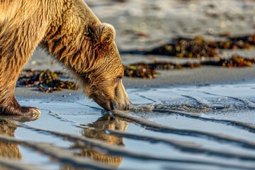 Poster - A large brown bear drinks water from a tide pool. AI.