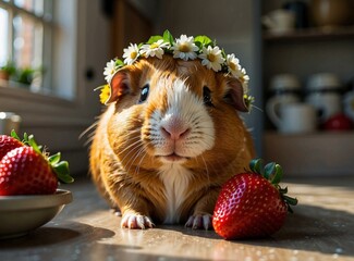 Wall Mural - A cute guinea pig wearing a flower crown sits next to a strawberry. AI.