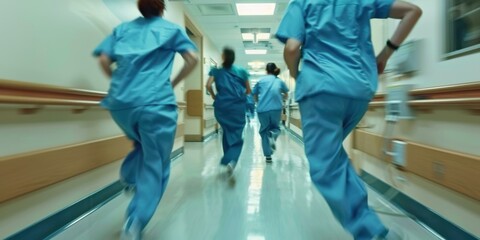 Poster - Blurred motion of hospital staff running in a hospital. AI.