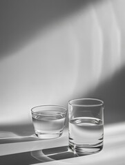 Sticker - Two glasses of water on a white table. AI.