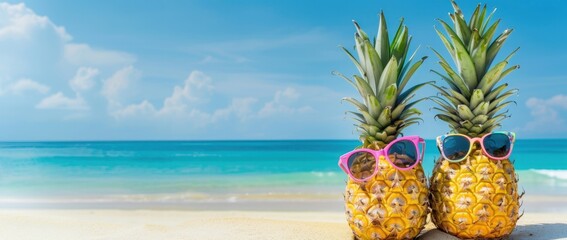 Wall Mural - two pineapples with sunglasses on the beach, blue ocean in background, copy space concept Generative AI