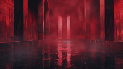 Wall Mural - Eerie Crimson Red Horror Scene in 3D Rendering with Ambient Light - Wide Shot