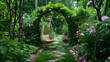 © Pik_Lover - Fairy-tale garden hideaway with a whimsical chair swing, blooming arches, and secret pathways