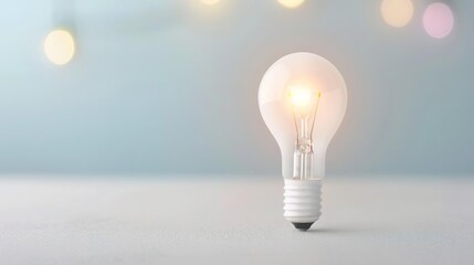 A single lightbulb glowing with a soft light on a white surface, representing innovation and inspiration.