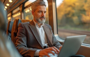 Handsome middle-aged businessman utilizing his laptop computer while commuting on a high-speed train