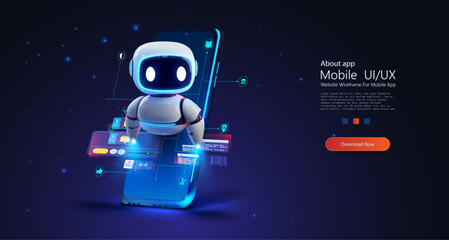 Fototapete - A blue charming robot character engages with a smartphone, highlighting the fusion of AI and everyday technology, ideal for themes of future innovations in robotics and mobile apps. Chat bot concept.