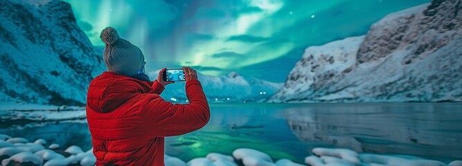 a man with a smartphone photographs the northern lights. winter travel in norway. adventure trips ou