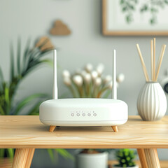 Modern wireless router on a wooden table

