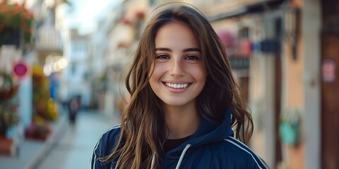 Sticker - Portrait of a Cheerful Woman in Tracksuit on Small Town Street. Concept Outdoor Photoshoot, Colorful Props, Joyful Portraits, Playful Poses, Street Style