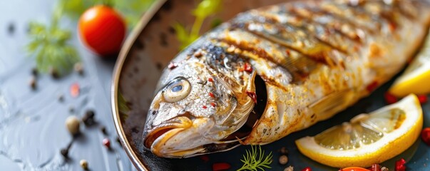 Wall Mural - A fish is on a wooden cutting board with lemon slices and some spices. Free copy space for text.