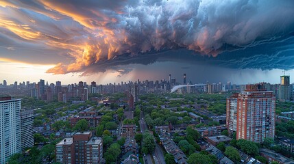 Realistic photo of a stormy sky over a city, highlighting the increasing frequency of extreme weather events due to climate change. , Minimalism,