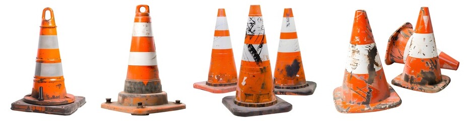 Set collection of street road traffic distressed rustic barrier bollard cone post, warning repair stop safety construction caution on transparent cutout PNG file. Mockup template for design