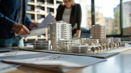 A real estate agent showing potential buyers the plan of a new residential complex, model building and documents on the table, office environment