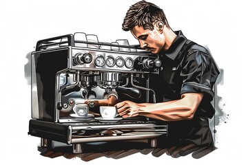 Sticker - Barista making coffee with a professional espresso machine in a busy café