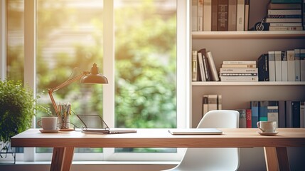 Poster - desk blurred bright home interior