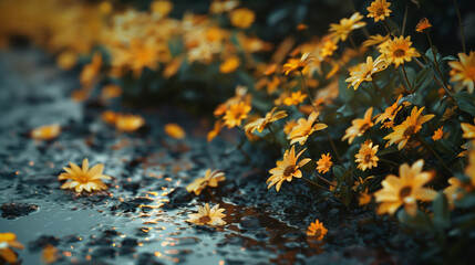 Yellow flowers after heavy rain