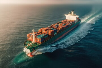 Cargo ship in the ocean with containers. Top view