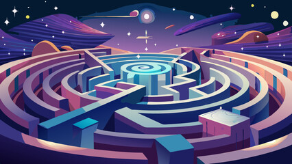 Surreal Cosmic Labyrinth Illustration with Vibrant Colors and Stars
