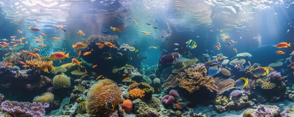 A colorful coral reef with many fish swimming around.