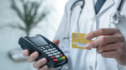 Doctor holding credit card and payment terminal. Image conveys concept of healthcare payment or medical billing