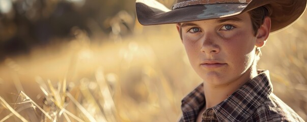 Wall Mural - A young boy wearing a cowboy hat and a plaid shirt stands in a field of tall grass. Free copy space for text.
