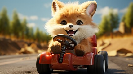  Cute cartoon fox driving a red go kart on a dirt road, 3D render. Perfect for children's illustrations, animations, and greeting cards.
