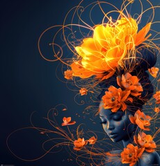 Wall Mural - Beauty black skin woman face portrait with blue lighting and orange tropical flowers on dark blue background