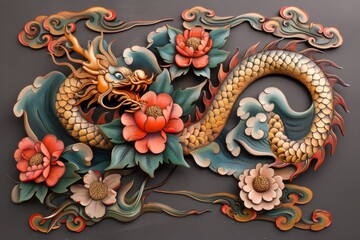 Sticker - Intricate dragon and floral design on a decorative panel