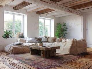 Wall Mural - cozy rustic living room with warm white walls and rich wooden floors plush sofa and artisanal coffee table create inviting atmosphere large windows flood space with natural light