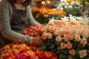 Wall Mural - Close-up of a florist carefully arranging a vibrant bouquet of roses, lilies, and daisies in a brightly lit shop,