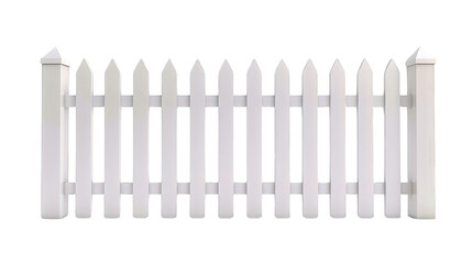 A classic white wooden picket fence with evenly spaced vertical slats, representing a traditional and charming look for gardens and yards.