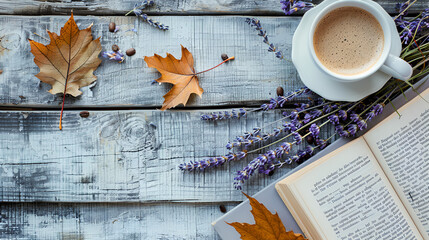 Wall Mural - Cozy Café Table with Maple Leafs and Lavender