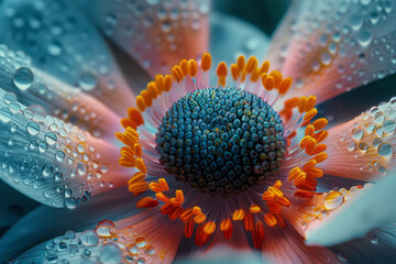Wall Mural - Macro shot of a flower with a central core that resembles a digital screen, displaying patterns,