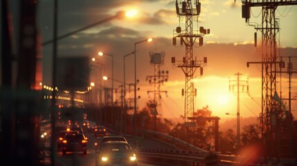 Wall Mural - A busy street with cars and a tall tower in the background