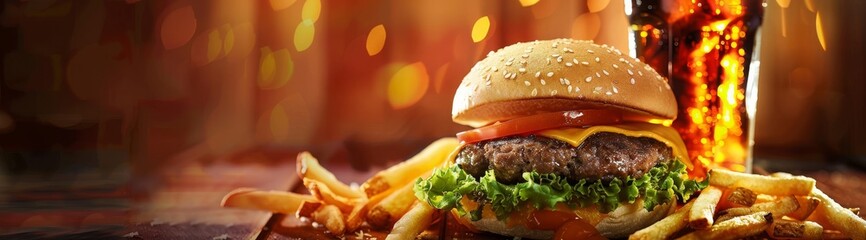 Wall Mural - A juicy cheeseburger with fries and cola on the side, set against an flame abstract background. with melted cheese between buns.