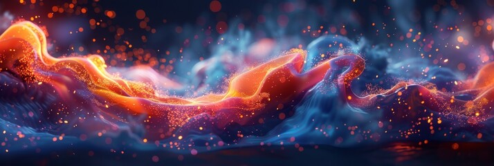Abstract colorful wave of particles on a dark background. Digital art and modern design concept. Banner with copy space