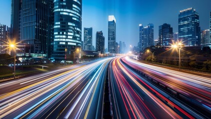 High-speed highway in the city, with tall buildings and street lights along it. Long exposure, Cityscape with Light Trails at Night