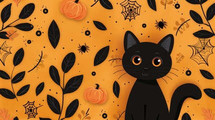 Steampunk style vector pattern with black cats, pumpkins, and spider webs, detailed gears, orange and black background, intricate design