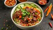 © JP STUDIO LAB - Top view of a colorful bowl of ribs noodles with fresh vegetables, warm atmosphere, natural light, vibrant food photography