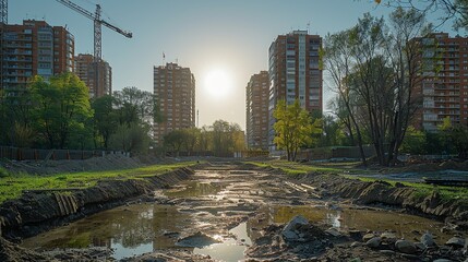 Wall Mural - Realistic photo of an urban park under construction, showing efforts to improve public health and sustainable development. , Minimalism,
