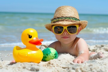 A baby wearing a straw hat and yellow sunglasses plays on the beach with a yellow rubber duck and green ball. Clear sky and ocean in the background.