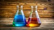 © Alon - Two brightly colored chemical solutions in Erlenmeyer flasks bubble on a wooden surface