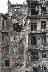 Wall Mural - A damaged building covered in debris and rubble, ideal for scenes depicting destruction or post-apocalyptic settings