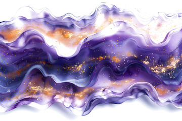 Wall Mural - Violet and gold shimmering watercolor waves with metallic accents on transparent background.