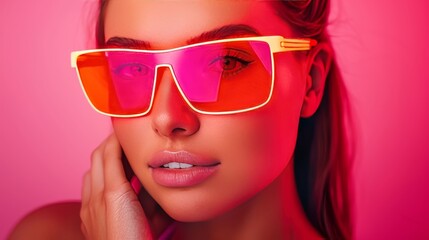 Wall Mural - A woman wearing a pair of pink sunglasses with a pink frame. She is smiling and looking at the camera