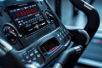 A close-up shot of an elliptical bikes console and pedals, highlighting its digital display and controls